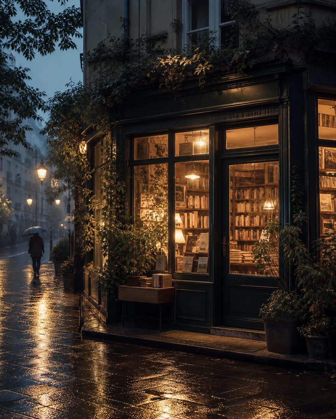 A corner bookshop glowing after rain at dusk