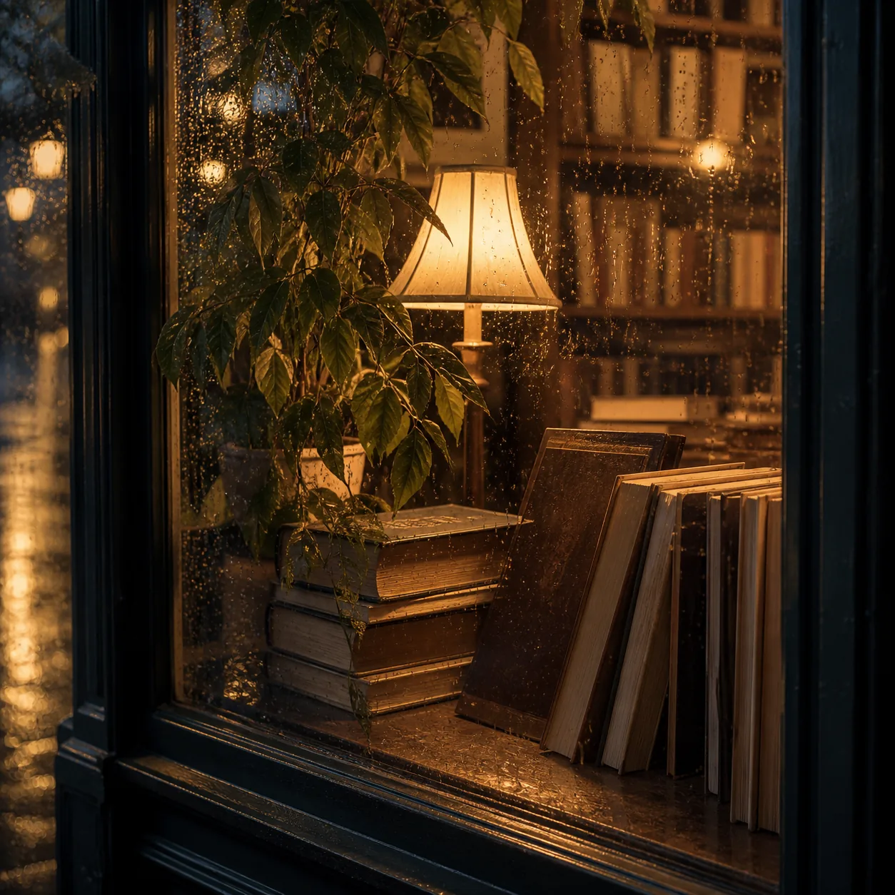 Books and a warm lamp behind a rain-speckled window