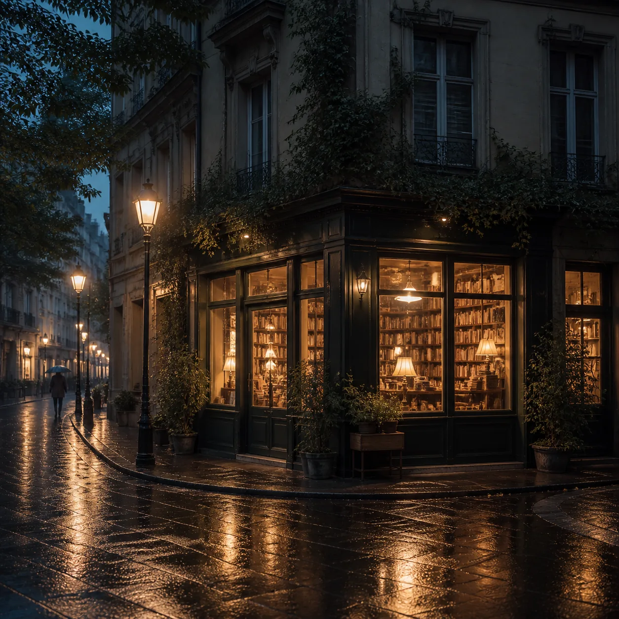 A wider view of the bookshop and rain-soaked street