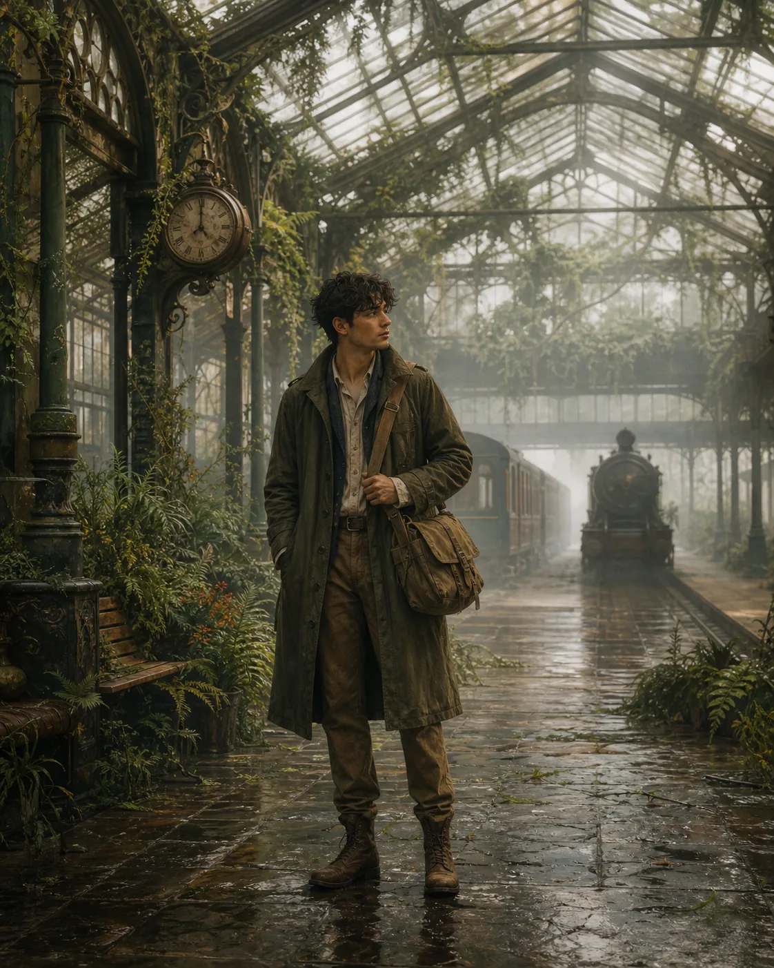 A traveler in an overgrown railway station