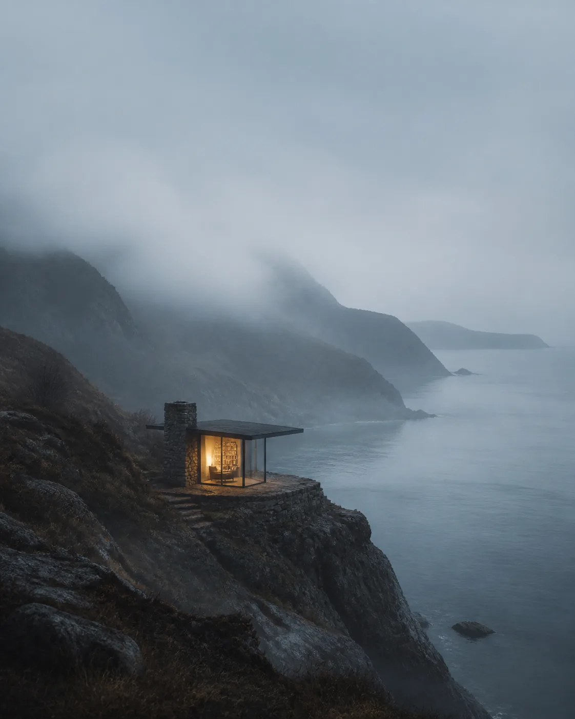 A warm reading room on a misty coastal cliff