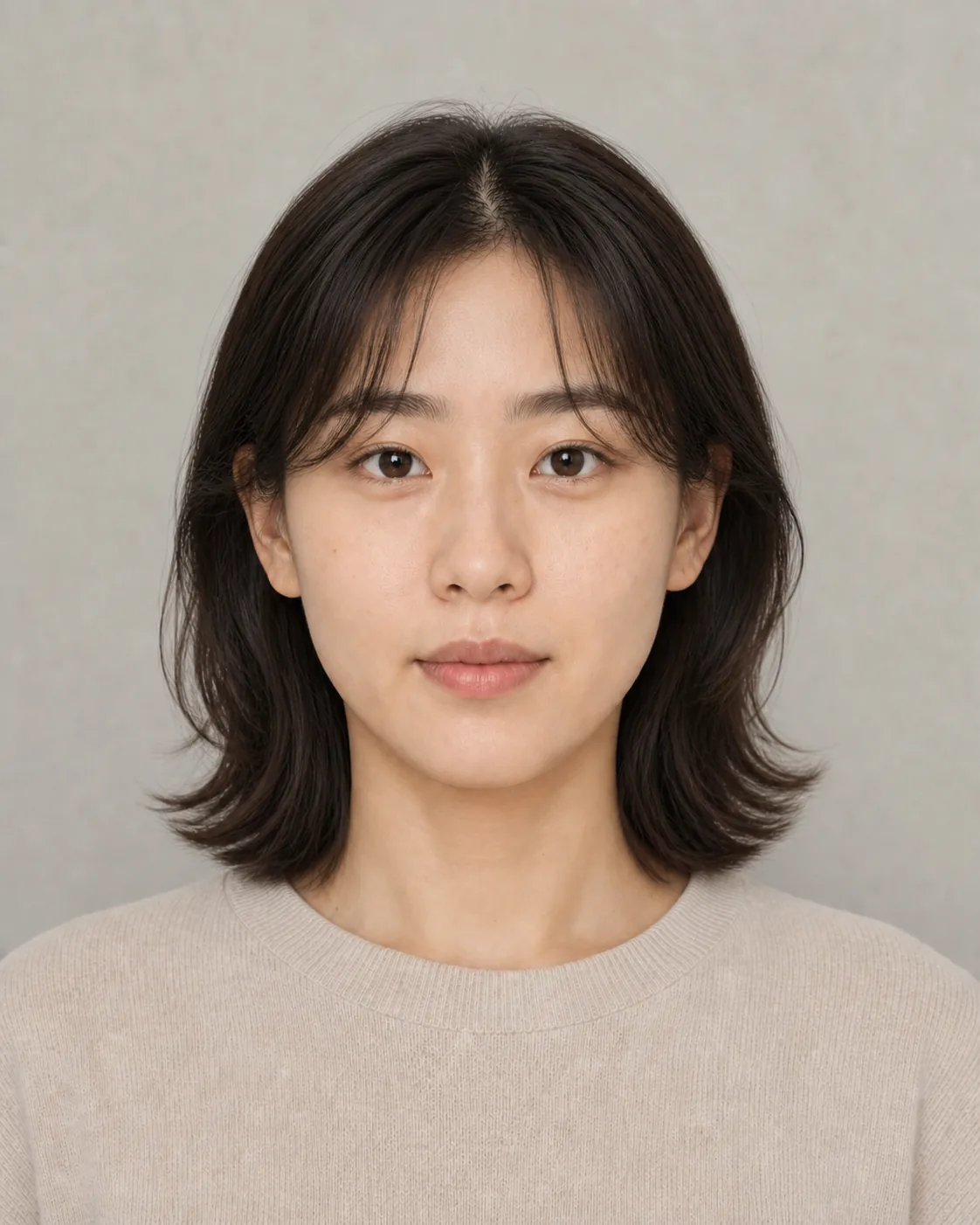 The same person with a layered mid-length haircut